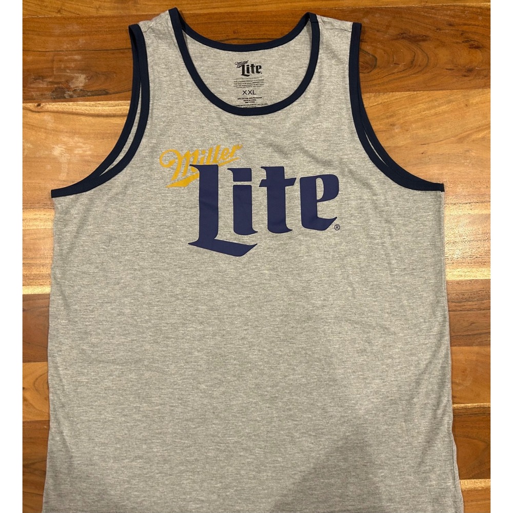 Miller Lite Beer Graphic Tank Top Men XXL Heather Grey Navy Blue Logo Sleeveless